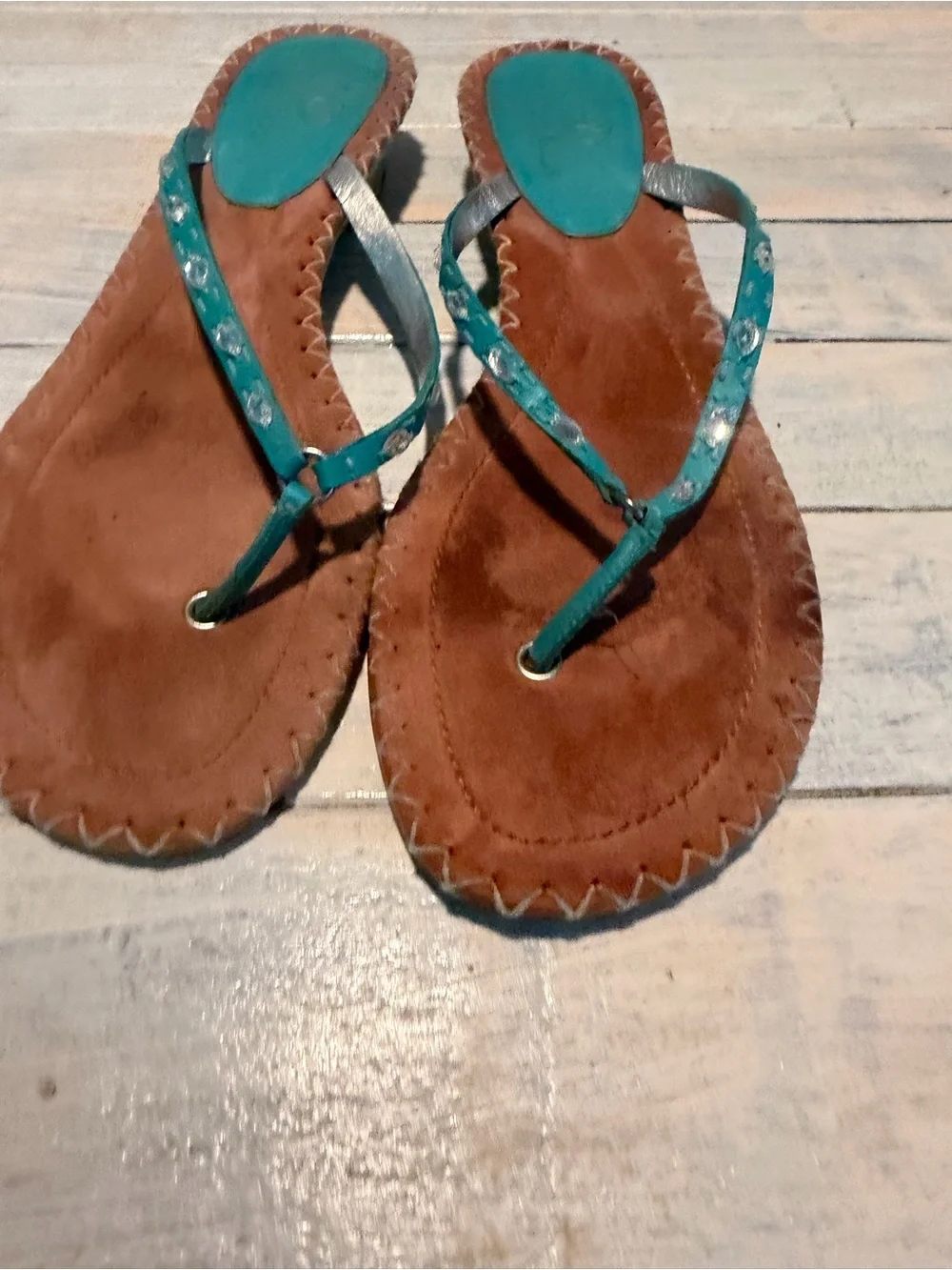 Vintage Cole Haan Dava Thong Sandals Teal Leather Espadrille Flip Flops 8B Boho